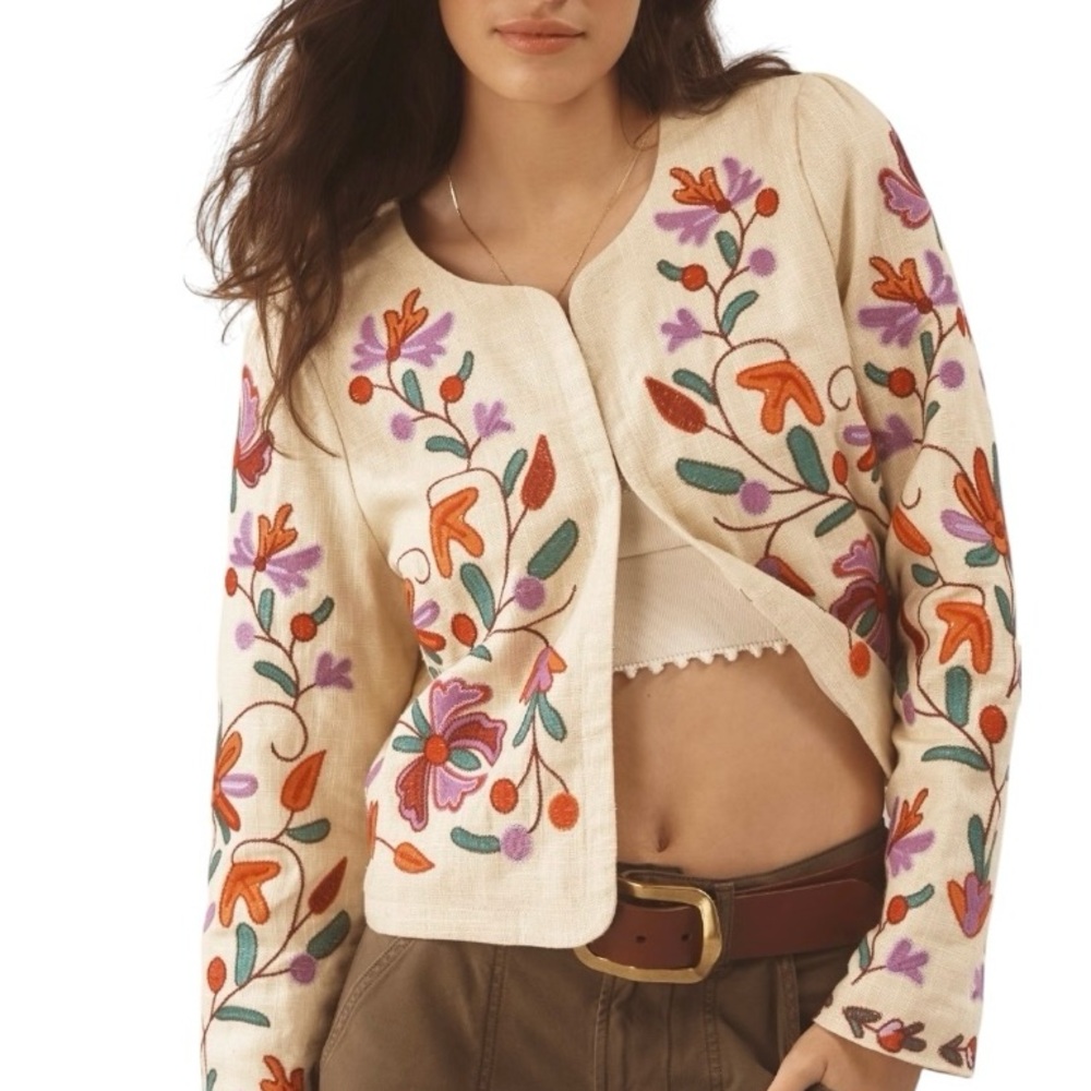 Anthropologie Cream Embroidered Floral Jacket with Multicolor Motif